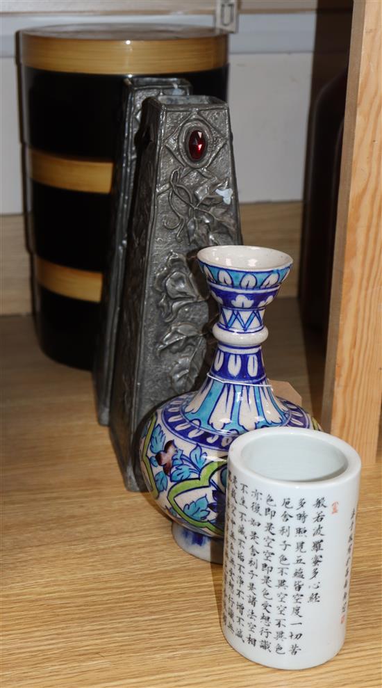 A Middle Eastern pot, a pair of pewter vases, three lacquer stacking boxes and a Chinese porcelain pot